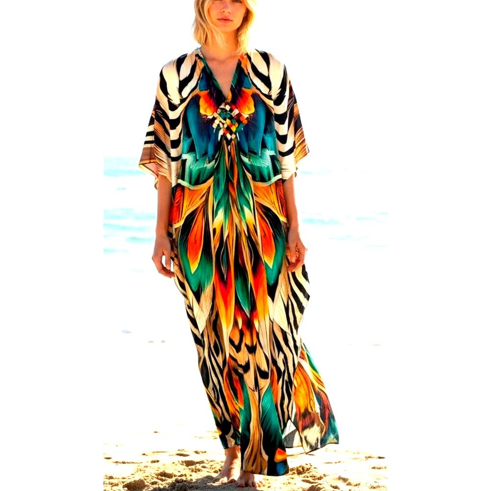 Colorful Kaftan Butterfly feathers Summer Beach Dress Maxi Boho Caftan Cozy OS